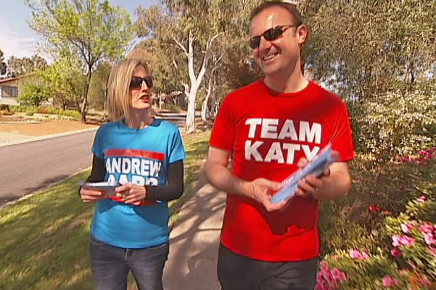 Katy Gallagher and Andrew Barr out doorknocking on the eve of the election.