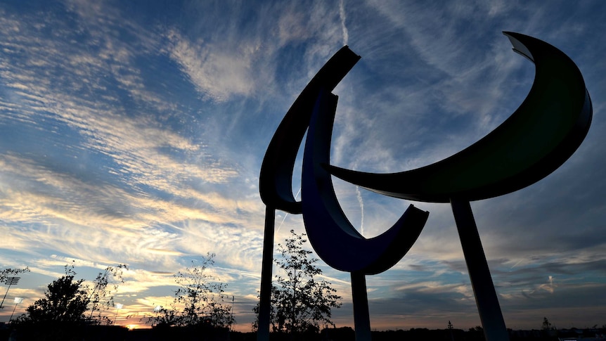 The Agitos (Paralympic symbols) at Olympic Park in London at the 2012 Paralympics.