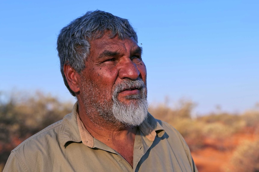 An Indigenous man with short, greying hair and a neat white beard stands in a desert.