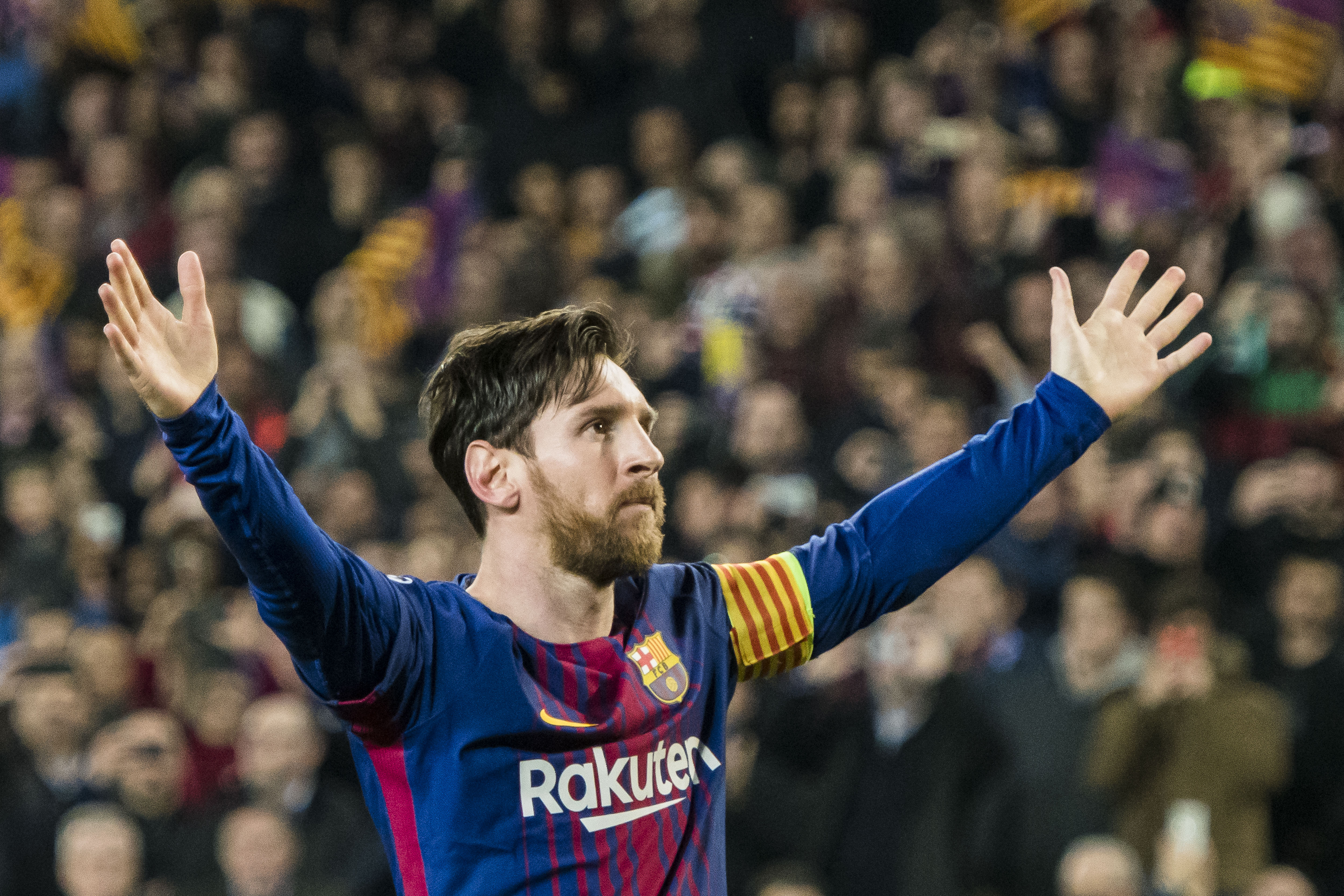 Lionel Messi celebrates a goal for Barcelona in 2018.