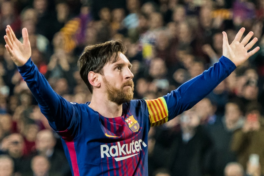 Lionel Messi celebrates a goal for Barcelona in 2018.