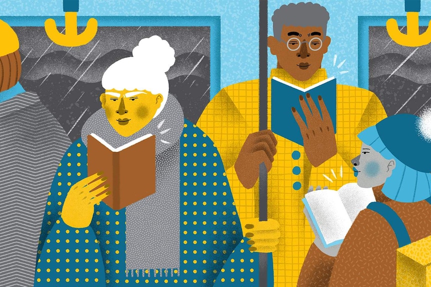 An illustration in blue, yellow and grey depicting people reading on the tram while its raining outside.