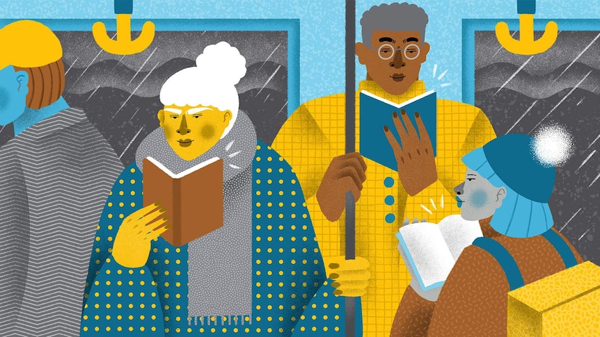 An illustration in blue, yellow and grey depicting people reading on the tram while its raining outside.