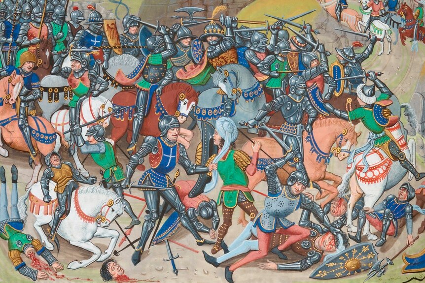 A 1300s battle with dozens of knights in armour on horseback, many who are getting killed