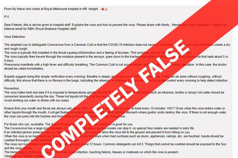 A fake communication from the Royal Melbourne Hospital with the words completely false overlayed