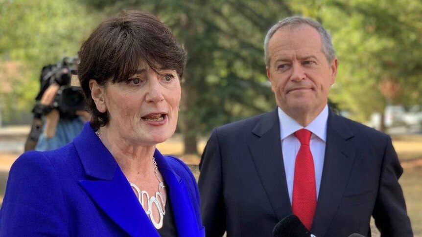 Fiona McLeod stands alongside Bill Shorten at a press conference in a park.
