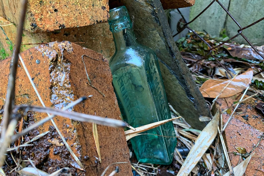 A green bottle lies on bricks near a fence