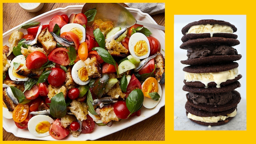 Tomato, basil and egg salad served on a platter. A second image of chocolate biscuits stacked with ice-cream inside
