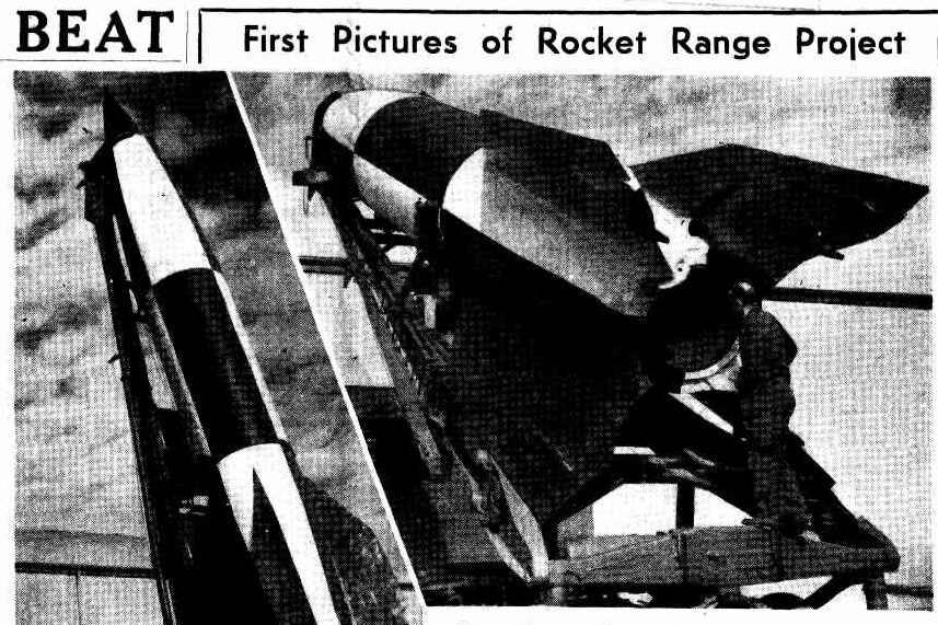 Newspaper clipping showing pictures of a V-2 rocket.