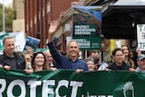 Bob Brown leads the Save the Tarkine marchers through Hobart, Sunday February 25, 2018.