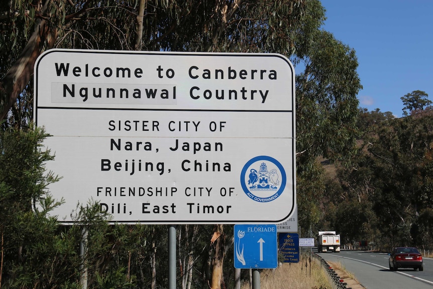 The 'welcome to Canberra, Ngunnawal country' sign on the border between NSW and the ACT.