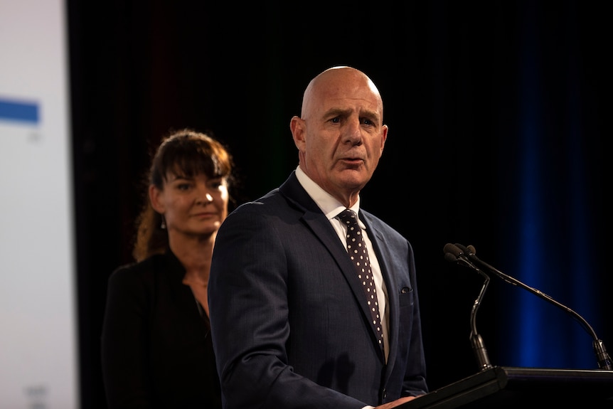 Premier Peter Gutwein giving a speech on election night.