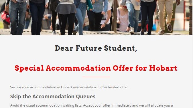 A screenshot of an email shows a UTAS letterhead with text describing a "special accommodation offer" for students.