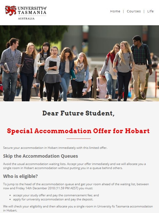 A screenshot of an email shows a UTAS letterhead with text describing a "special accommodation offer" for students.