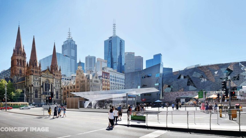 Concept image of the entrance to Federation Square station, with an angular glass ceiling above the underground escalators.