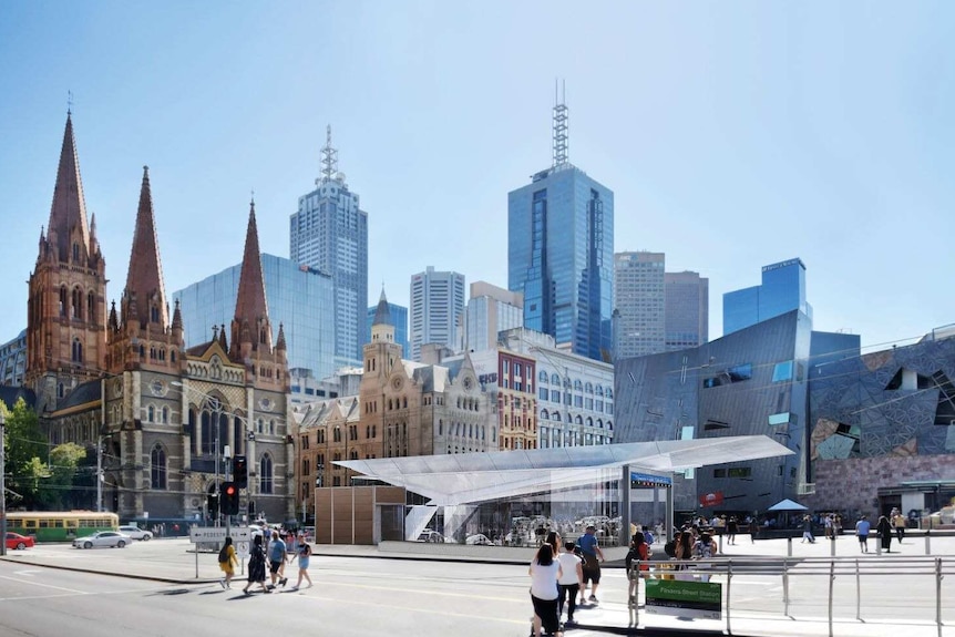 Concept image of the entrance to Federation Square station, with an angular glass ceiling above the underground escalators.