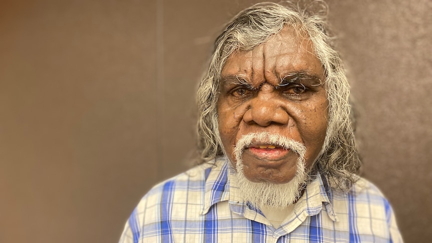 An Aboriginal man in a checkered blue and white shirt standing in front of a brown background with white hair and a white beard