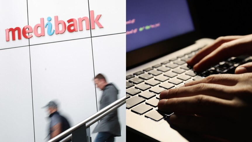 On left people walk past the medibank logo on a wall, on right hands rest on a keyboard showing code.