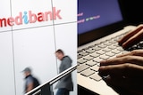 On left people walk past the medibank logo on a wall, on right hands rest on a keyboard showing code.