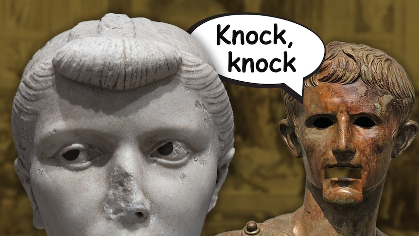 Two ancient roman busts, the man on the right has a speech bubble that says "knock knock"