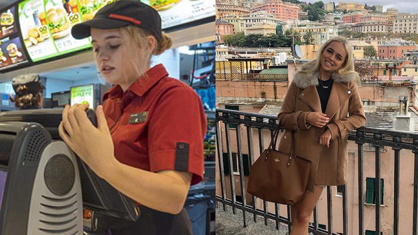 Kennedy Reese as a McDonald's worker, and a recent photo where she is wearing a brown coat and holding a brown bag.