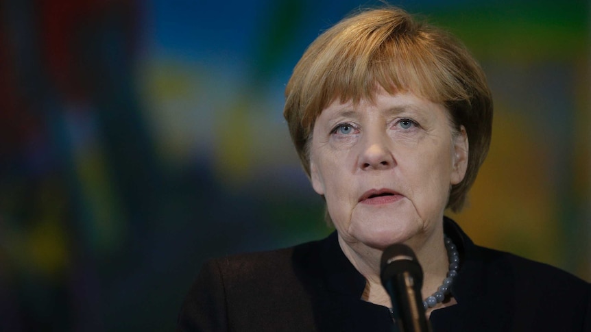 German Chancellor Angela Merkel gives a statement.