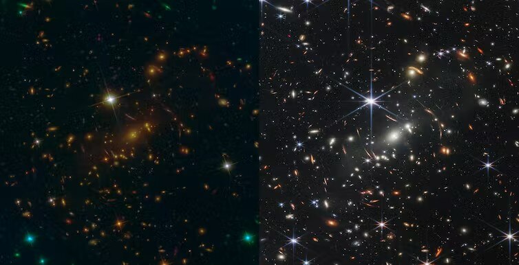 An image of galaxy clusters, one much sharper than the other