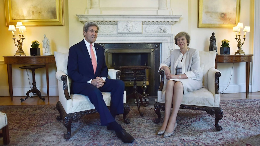 Britain's Prime Minister Theresa May holds talks with US Secretary of State John Kerry in 10 Downing Street, London.
