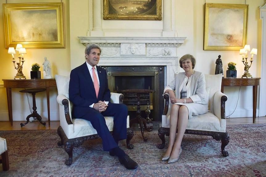Britain's Prime Minister Theresa May holds talks with US Secretary of State John Kerry in 10 Downing Street, London.