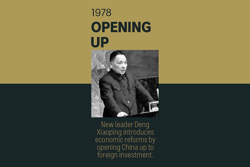 An image of new leader Deng Xiaoping at a podium in. Text reads 1978, Opening Up.