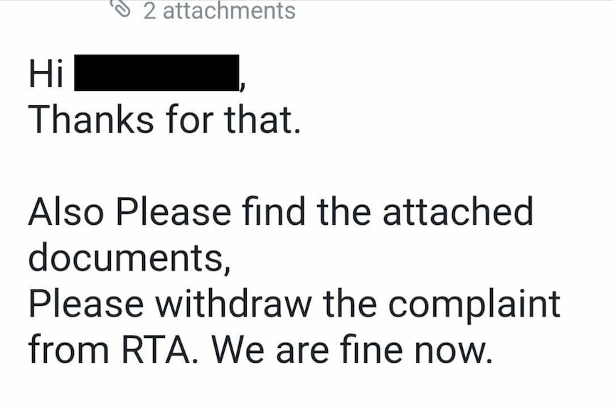 An email asking to withdraw the RTA complaint, ending with "we are fine now".
