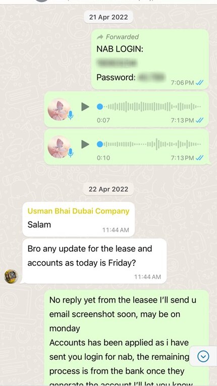 A screenshot of a WhatsApp conversation showing someone sending through NAB bank details.