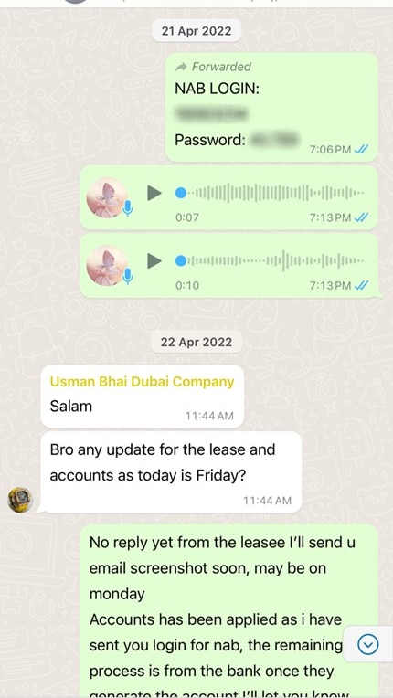 A screenshot of a WhatsApp conversation showing someone sending through NAB bank details.
