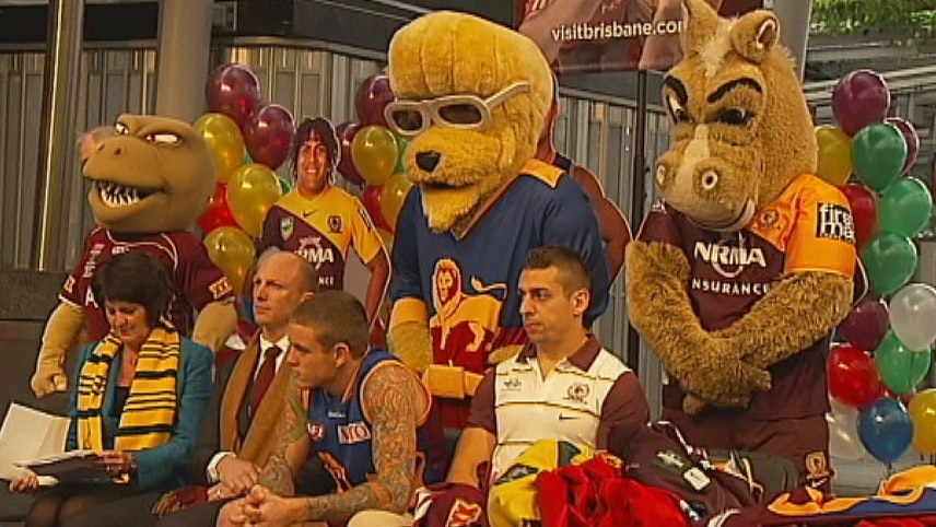 Mascots, players and politicians gathered in Brisbane today to promote a bumper month of footy.