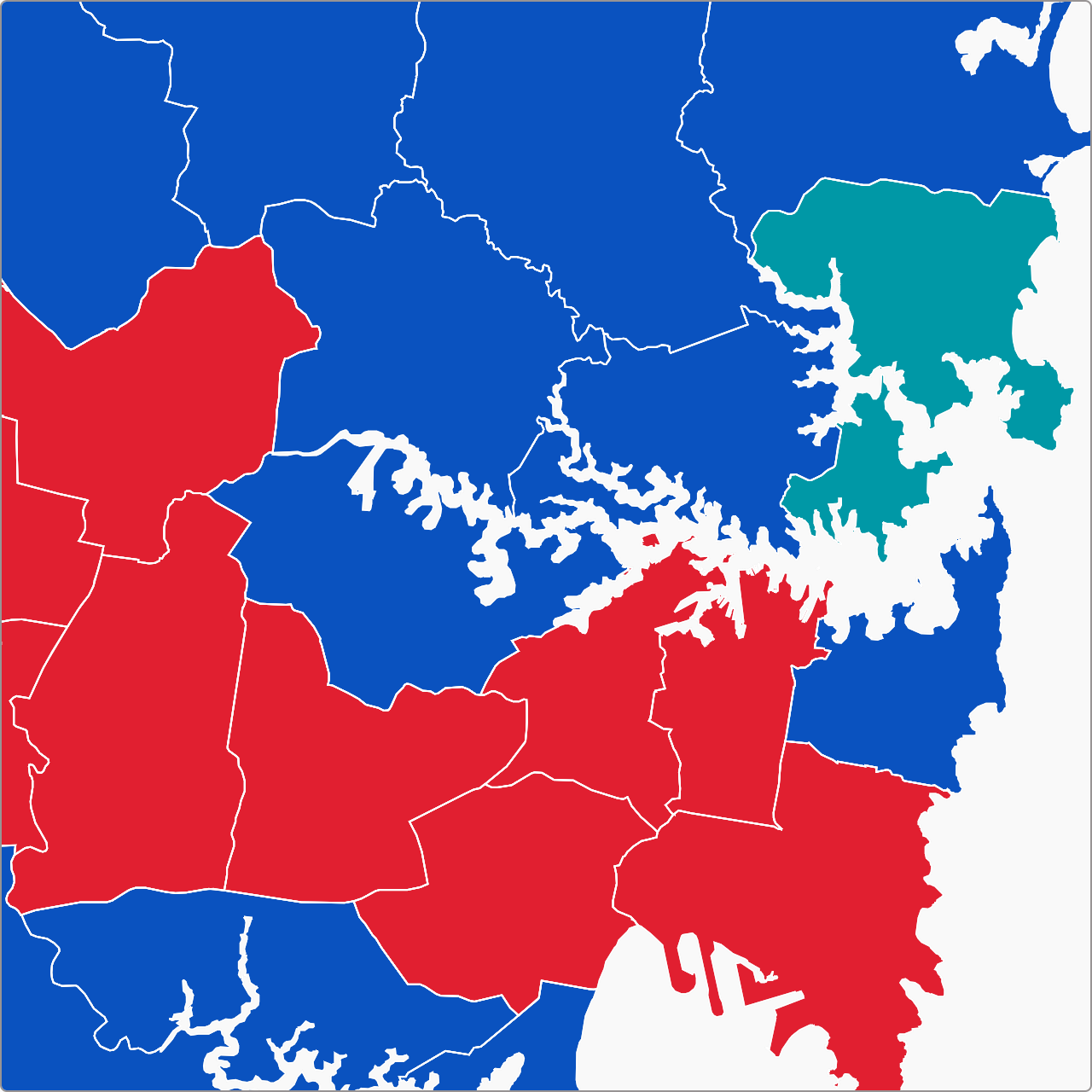An electoral map of Sydney showing the 2019 election results.