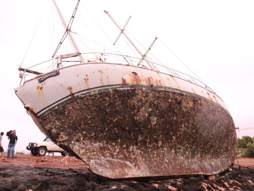 A yacht beached by Cyclone Nathan