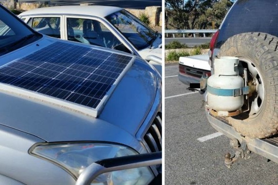 A solar panel and gas bottle detected on a 4WD.