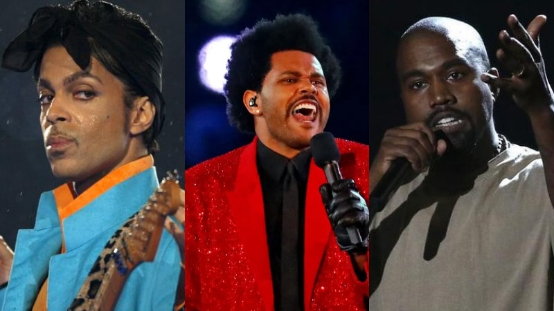 A composite image of Prince, The Weeknd and Kanye West performing on stage 