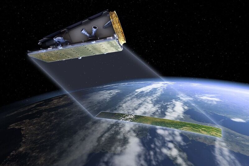 An artist's impression of the NovaSAR satellite in flight.