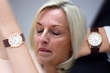 A composite image of a woman gracing and two luxury wrist watches.