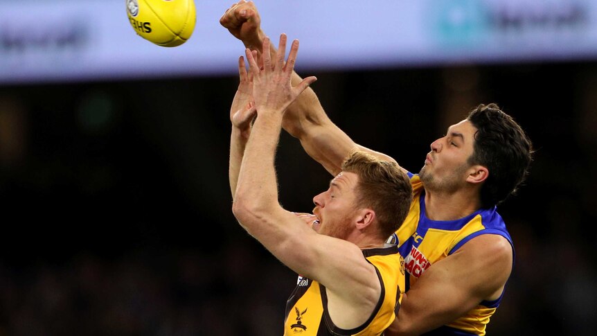 A close-up side-on shot of Tim O'Brien and Tom Barrass contesting the ball during an AFL match between Hawthorn and West Coast.