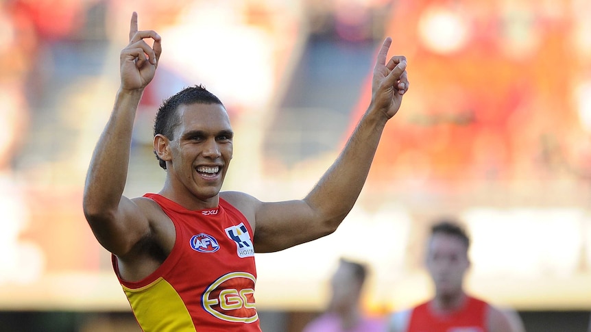 Gold Coast's Harley Bennell scores for the Suns against Western Bulldogs at Carrara.