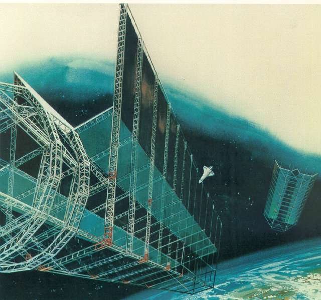 A drawing of a vast orbital solar array with a space shuttle