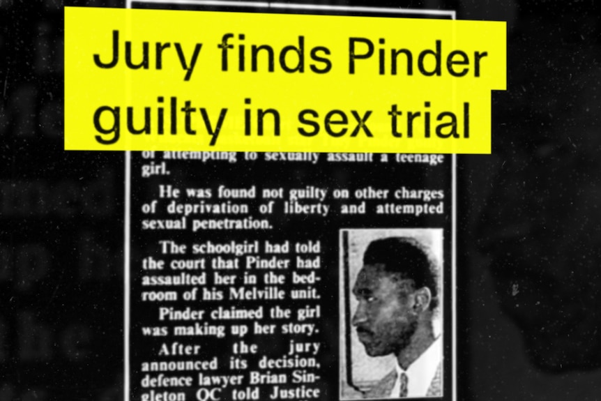 Old newspaper clipping with headline Jury finds Pinder guilty in sex trial