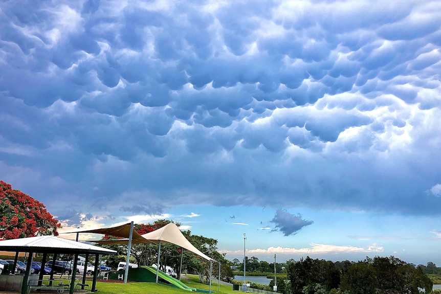Bubbly mammatus storm clouds over Tewantin RSL Park, Gubbi Gubbi Country, white and grey clouds above a playground