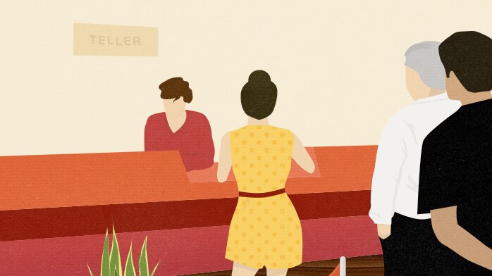 A graphic illustration of a woman at a bank teller.