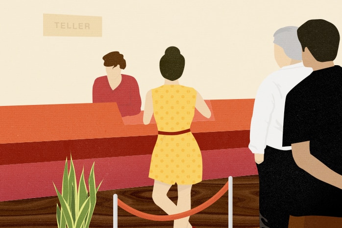 A graphic illustration of a woman at a bank teller.