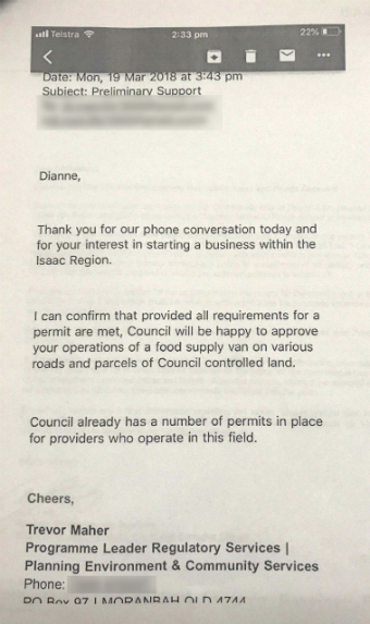 A copy of a letter indicating 'preliminary support' from Isaac Regional Council for Di Melville's food truck.