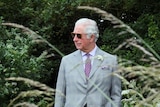 King Charles in a suit and sunglasses looks off in a green garden 