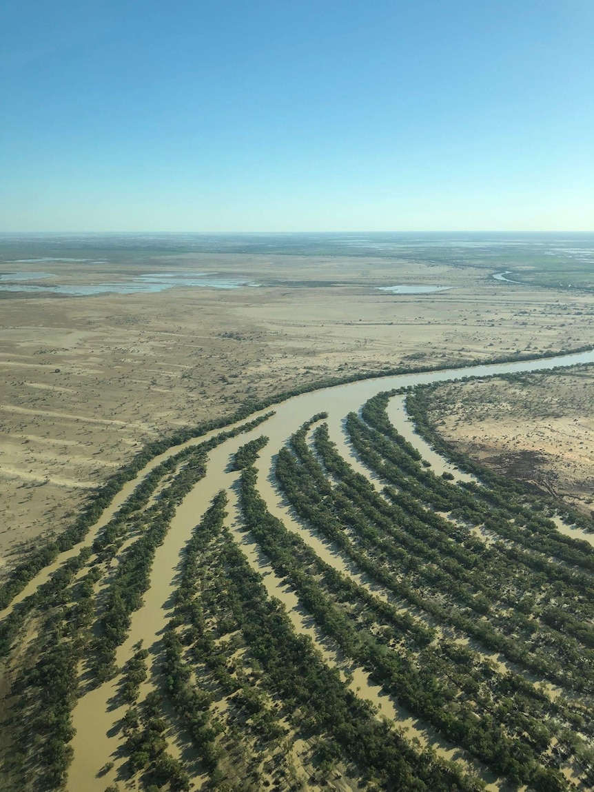 A normally dry river flows with water through Alton Downs Station. Parts of the outback property are turning green.